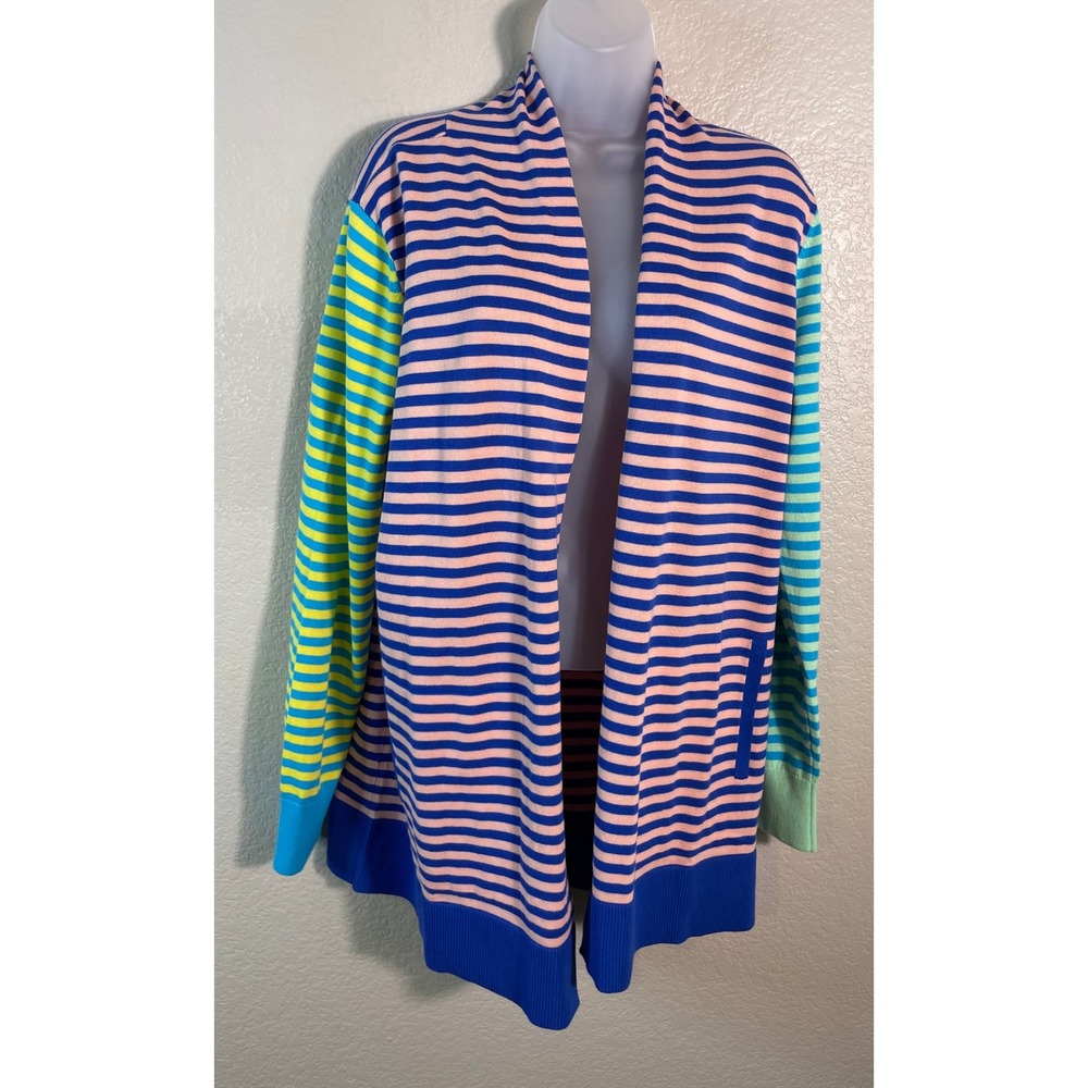 Lands End Womens L 14-16 Cardigan Multi Color Striped Open Front Cotton Knit